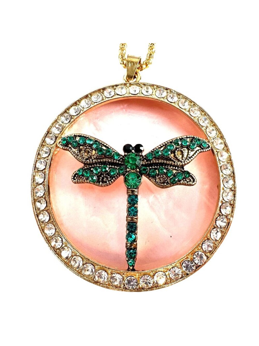 Green & Pink Crystal Dragonfly Pendant Necklace Gold Tone Chain